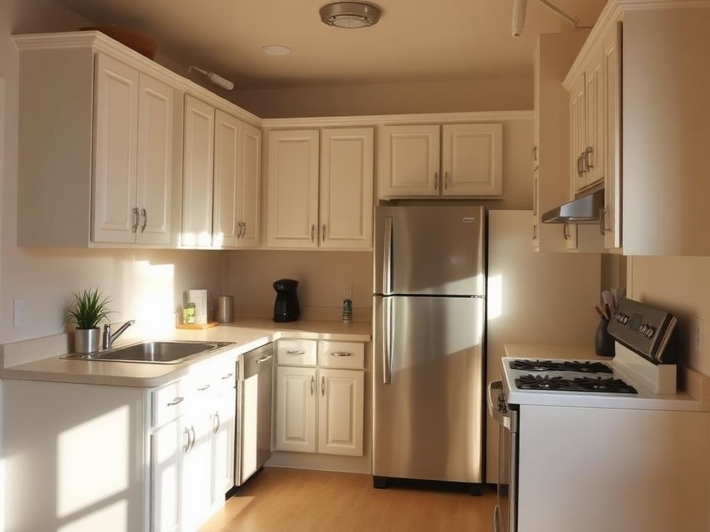 Modern kitchen and dining area with gold accents